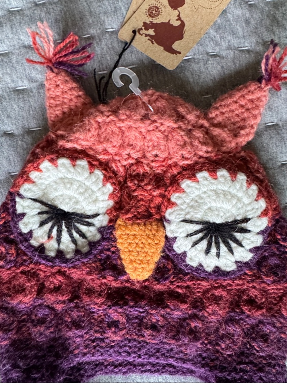 Kids Crochet Owl Earflap Hat in Purple & Coral - Cozy Winter Beanie - Picture 3 of 8